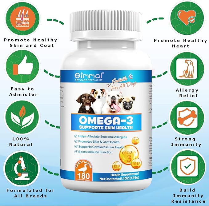 Omega 3 Fish Oil for Dogs - 180 Count Tablet Treats – Helps Shedding, Skin Allergy, Itch and Dry Skin Relief, Hot Spots - Joint Health - Skin and Coat Supplement - Salmon Oil - Duck Flavor