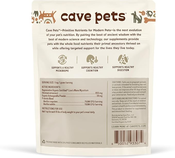 Super Blend Powder, Mushroom Mycelium and Dog Probiotic Supplement for Brain and Digestive Health Support, Lion’s Mane & Probiotic, Lion's Mane + Probiotics