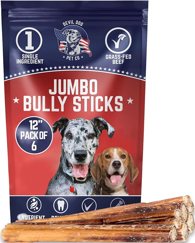 Devil Dog Pet Co. Jumbo Bully Sticks – 12 Inch 6 Pack Chew Treats, 100% All Natural, Free-Range Grass-Fed Beef – Long Lasting & Rawhide Free Bully Stick Dog Chews – Bully Sticks for Dogs