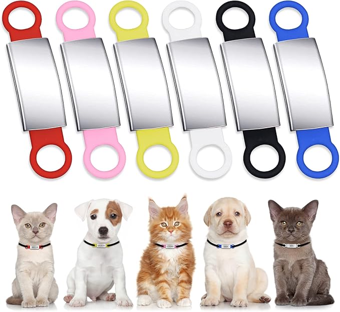 6 Pcs Slide On Dog ID Tag, Dog Collar Tag, Silicone Stainless Steel Dog Cat Personalized Name Engraved Tags, Custom Dog Tags, Silent Dog License Tag, Blank Pet ID Tags for Dogs Cats (6 Colors)