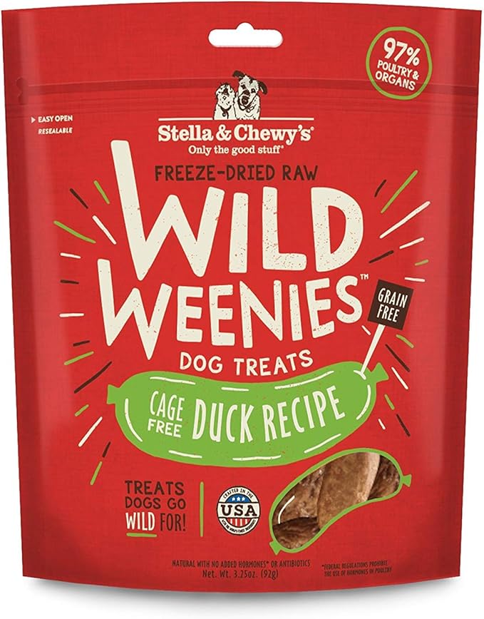 Stella & Chewy's Freeze-Dried Raw Wild Weenies Dog Treats – All-Natural, Protein Rich, Grain Free Dog & Puppy Treat – Great for Training & Rewarding – Cage-Free Duck Recipe – 3.25 oz Bag