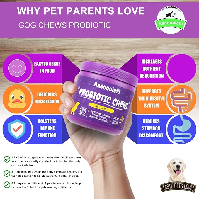 Probiotics for Dogs,Dog Probiotics and Digestive Enzymes,Health and Immune Support. Relieves Constipation, Bad Breath, Flatulence and Upset Stomach. Veterinarian Developed,120 Chews, Duck Flavor.