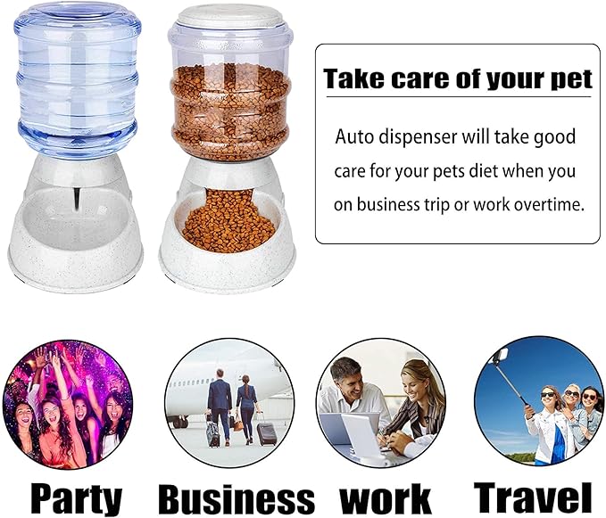 Automatic Feeder and Water Dispenser in Set,Gravity Food Feeder and Waterer with Pet Food Mat,Large, 3 Gallonx 2, Gray (Water and Food Dispenser Set)