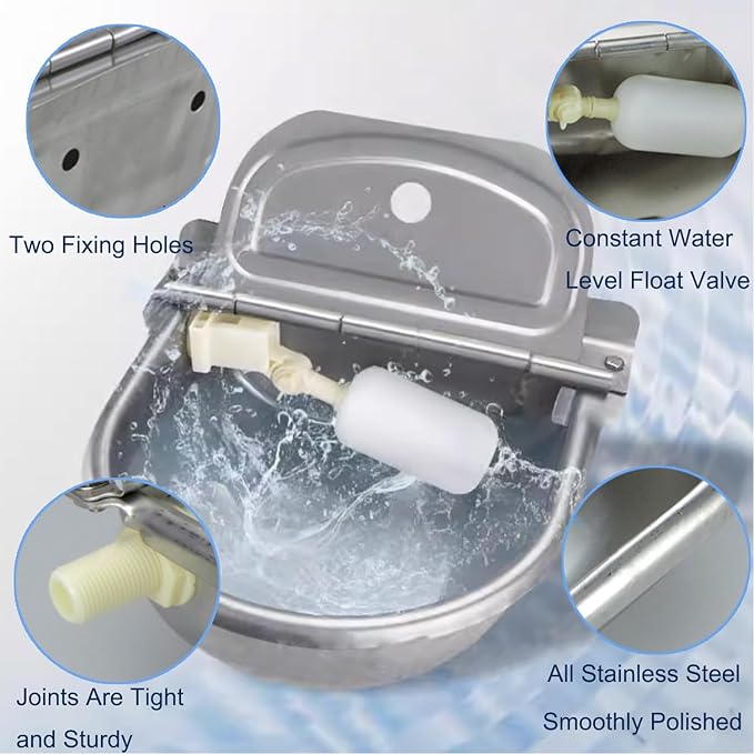 Automatic Animal Drinking Water Bowl 304 Stainless Steel Waterer with Float Valve Farm Dog Dispenser Kit Livestock Water Trough Dispenser for Dog Horse Pig Cow, Goat Waterer