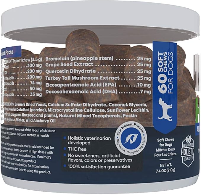 Only Natural Pet Allergy, Skin & Coat Hemp Soft Chews - Allergy Immune Bites for Dogs, Omega 3 Supplement, Hemp Oil - Calming Treats for Itchy Skin Relief, Hot Spot - (60 Count)