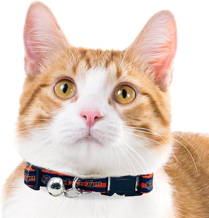 MLB CAT Collar Detroit Tigers Satin Cat Collar Baseball Team Collar for Dogs & Cats. A Shiny & Colorful Cat Collar with Ringing Bell Pendant