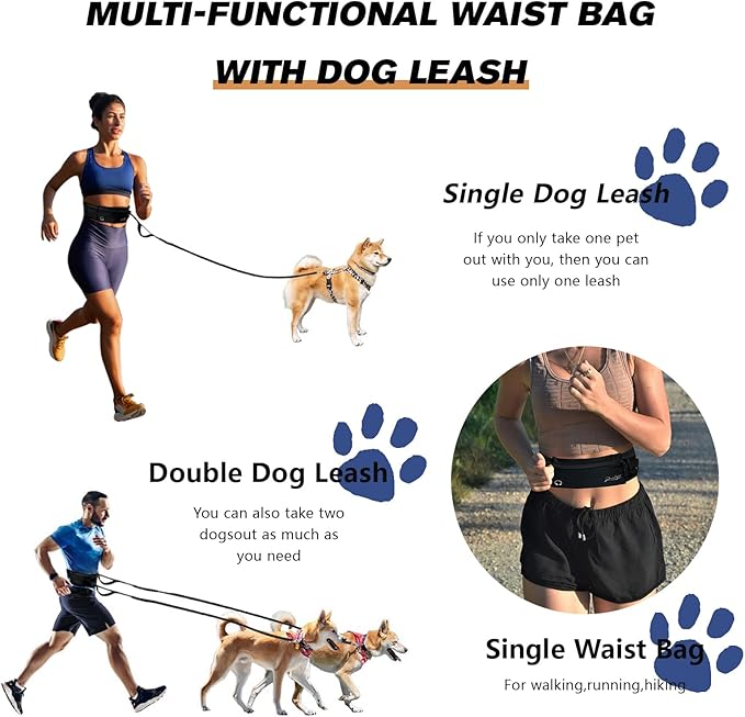 Hands Free Dog Leash Crossbody Dog Running Leash Waist Belt with Zipper Pouch for Small Medium Large Dogs Waist Dog Leash Fanny Pack for Walker Training Jogging Black