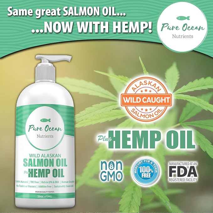 Wild Alaskan Salmon Fish & Hemp Seed Oil for Dogs 16 oz; Natural Liquid Supplement with Omega 3's Support Joint, Heart, and Immune Health; Essential Fatty Acids Promote a Shiny Coat and Healthy Skin