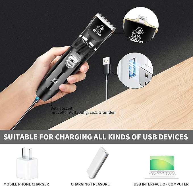 Dog Clippers Grooming Kit and Paw Trimmer,Cordless,Low Noise, Electric Quiet,Rechargeable, Pet Hair Clippers for Thick Coats,Dog Trimmer Grooming, Shaver for Small and Large Dogs Cats,Black