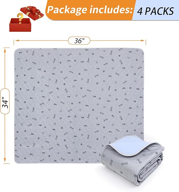 Washable pee pads for dogs, 4Pack Reusable Puppy Training Pads 34x36, Absorbent Whelping Pads with Bone Print, Non-Slip Waterproof Pet Training Pads for Couch, Crate, Potty Training