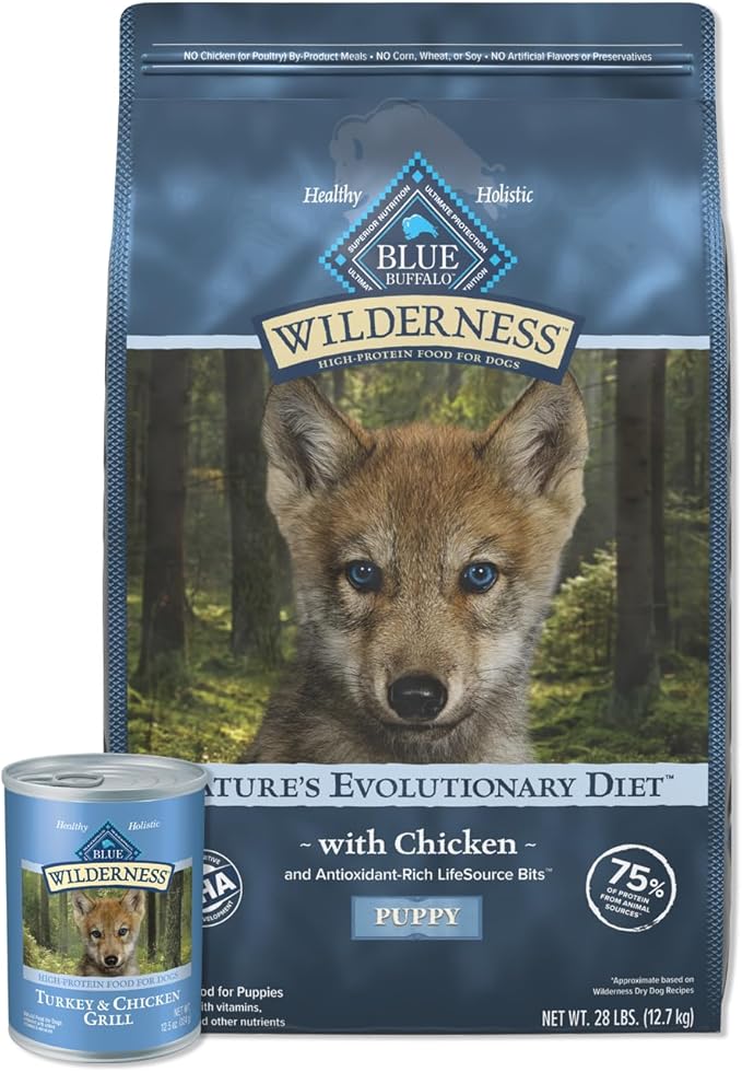 Blue Buffalo Wilderness High Protein, Natural Grain Free Puppy Dry Dog Food and Wet Puppy Food, Turkey and Chicken (24-lb Dry Food + 12.5oz cans 12ct)