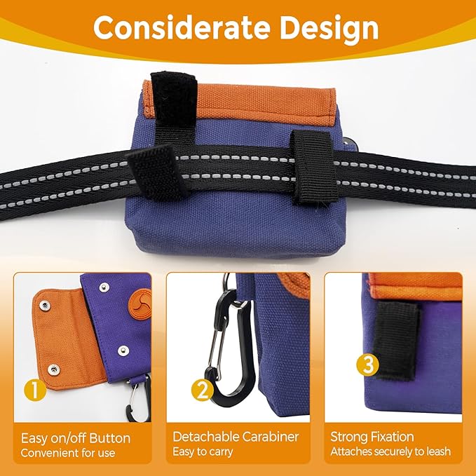 Dog Poop Bag Holder, Portable Dog Poop Bag Dispenser with 1 Metal Clip, Orange Button Canvas Poop Pag Polders for Leashes