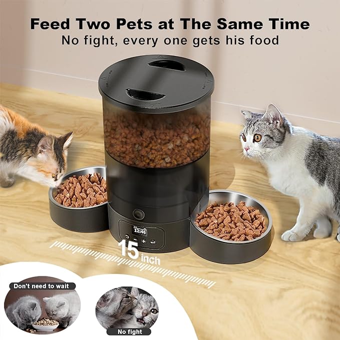 Automatic Cat Feeder for 2 Cats, 3L Cat Food Dispenser SURDY Auto Cat Feeder with 2 Stainless Bowls, 10s Meal Call Dual Power Supply and Timer Setting 12 Portions 6 Meals Per Day for Cats and Dogs