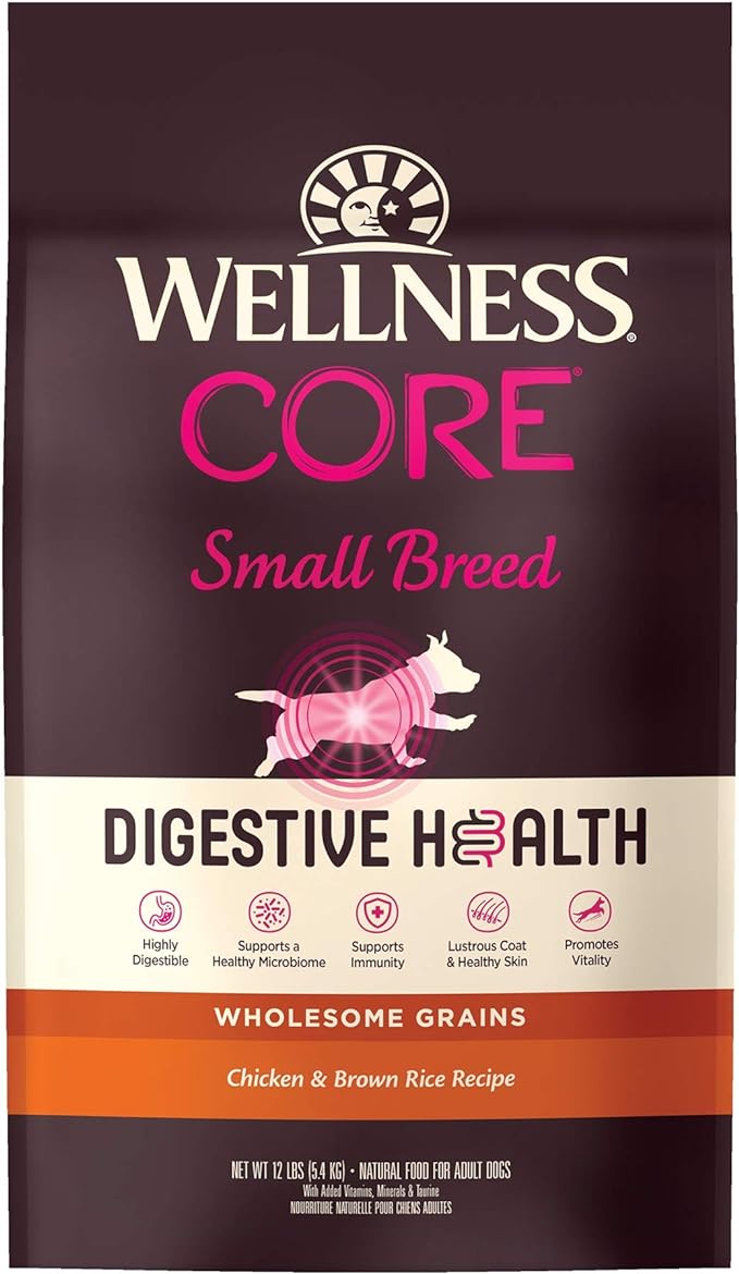 Wellness CORE Digestive Health Dry Dog Food with Wholesome Grains, Highly Digestible, for Dogs with Sensitive Stomachs, Made in USA with Real Protein (Small Breed, Chicken & Brown Rice, 12-Pound Bag)