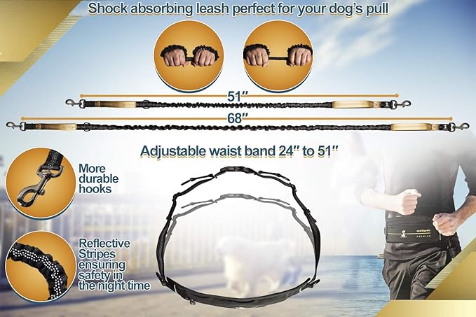 SparklyPets Hands Free Dog Leash for Medium and Large Dogs – Professional Harness with Reflective Stitches for Training, Walking, Jogging and Running Your Pet (Premium Gold Champagne, for 1 Dog)