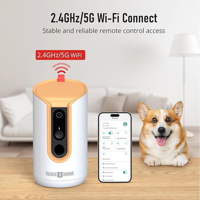 PARIS RHÔNE 2K Pet Camera, 360°View Dog Camera with Treat Dispensing, 5G WiFi Pets Monitoring with Smart Phone APP, Barking Detection and Motion Alerts, Two-Way Audio, Infrared Night Vision