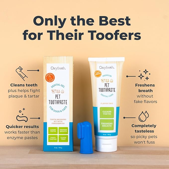Oxyfresh Premium Dog Toothpaste and Toothbrush – Best Dog Teeth Cleaning & Dog Plaque and Tartar Fighter – Safe for Cat Toothpaste Too – Vet Formulated (4oz Pet Toothpaste + Large Finger Brush)