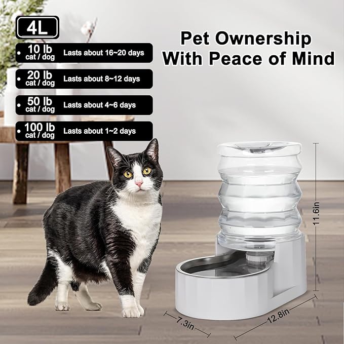 RIZZARI Automatic 4L Pet Waterer, Gravity Dog Water Bowl Dispenser, Stainless Steel Cat Water Dispenser, Large Capacity Water Feeder for Small and Medium-Sized Cats and Dogs (4L,without Filter)