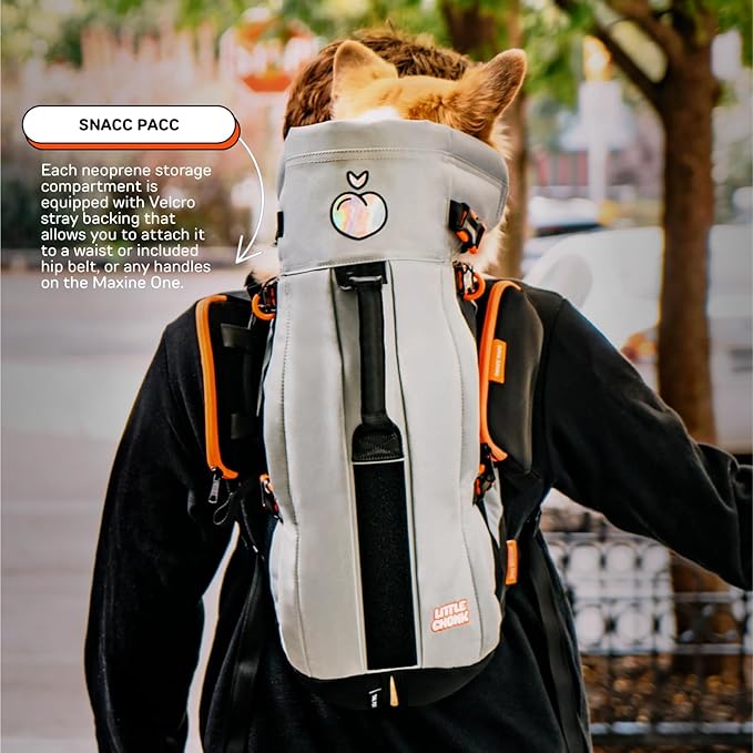 Maxine One Dog Backpack Carrier with Snacc Pacc Hip Belt by LITTLE CHONK | Adjustable Front Facing Bag for Travel or Hiking | Snack Storage | Made for Pets Up to 50 lbs | Medium, Chonkcrete Gray