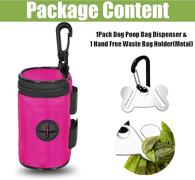 Dog Poop Bag Holder for Leash Attachment - Waste Bag Dispenser for Leash - Fits Any Dog Leash - Portable Set with Hand Free Holder Metal Carrier, Round Shape, Pink
