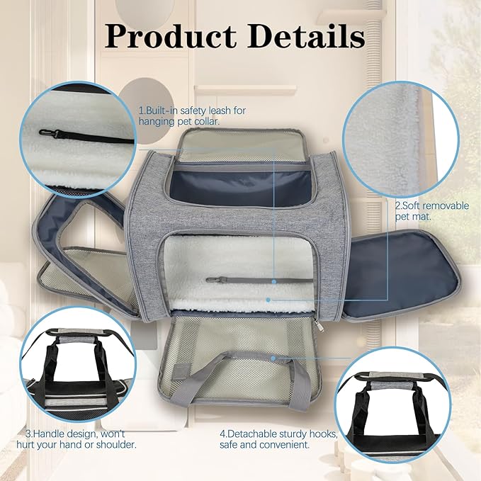 Dog Cat Carrier Pet Carriers for Small Medium Large Cats Dogs Carrier Soft Sided Small Puppy Dog Carrier Portable Foldable Airline Approved Dog Cat Travel Carrier Grey Large
