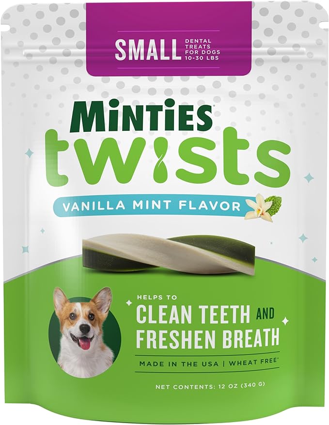 Minties Dental Twists for Dogs, Vet-Recommended Vanilla-Flavored Dental Chews for Tiny/Small Dogs 5-39 lbs, Dental Treats Clean Teeth, Fight Bad Breath, and Removes Plaque and Tartar, 12oz