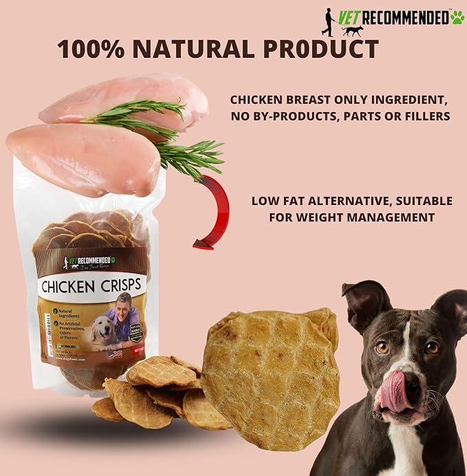 Premium Chicken Crisp Chips for Dogs Small, Medium and Large | 8oz Bag | No Artificial Preservatives, Colors or Flavors | Natural Treats - Dehydrated Chicken Jerky - Made in USA