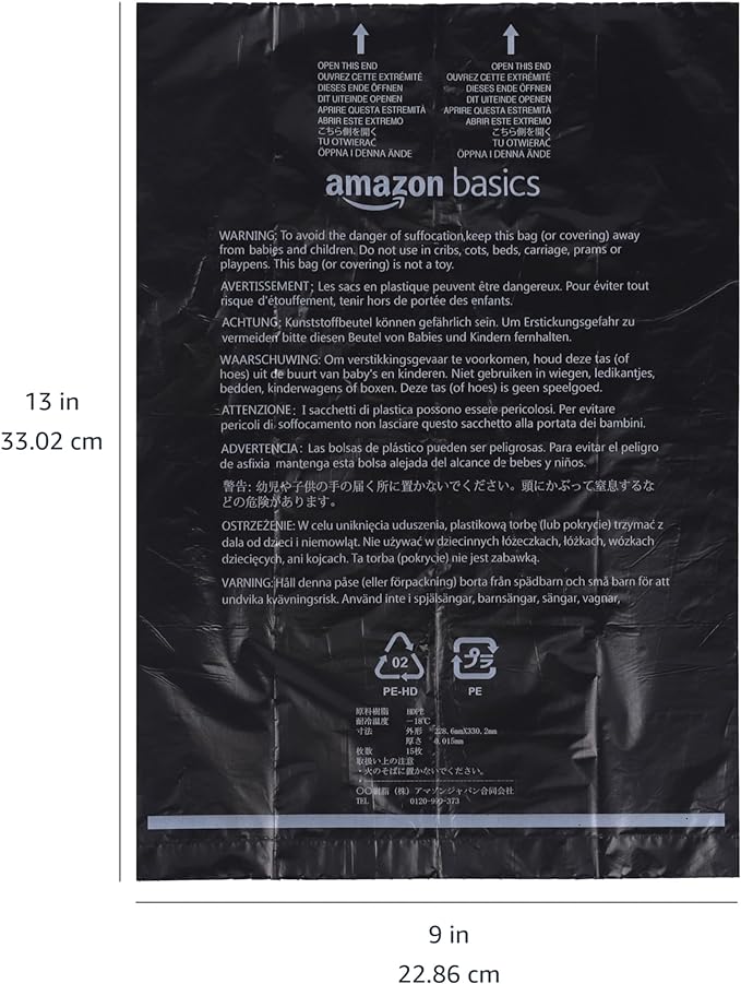 Amazon Basics Dog Poop Leak Proof Bags with Dispenser and Leash Clip, Unscented, 900 Count, 60 Pack of 15, Black, 13 Inch x 9 Inch