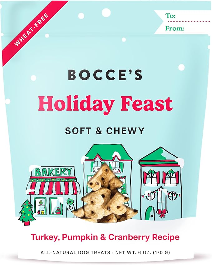 Bocce's Bakery Holiday Feast Recipe Treats for Dogs, Wheat-Free Everyday Dog Treats, Made with Real Ingredients, Baked in The USA, All-Natural Soft & Chewy Cookies, Turkey, Pumpkin & Cranberry, 6 oz