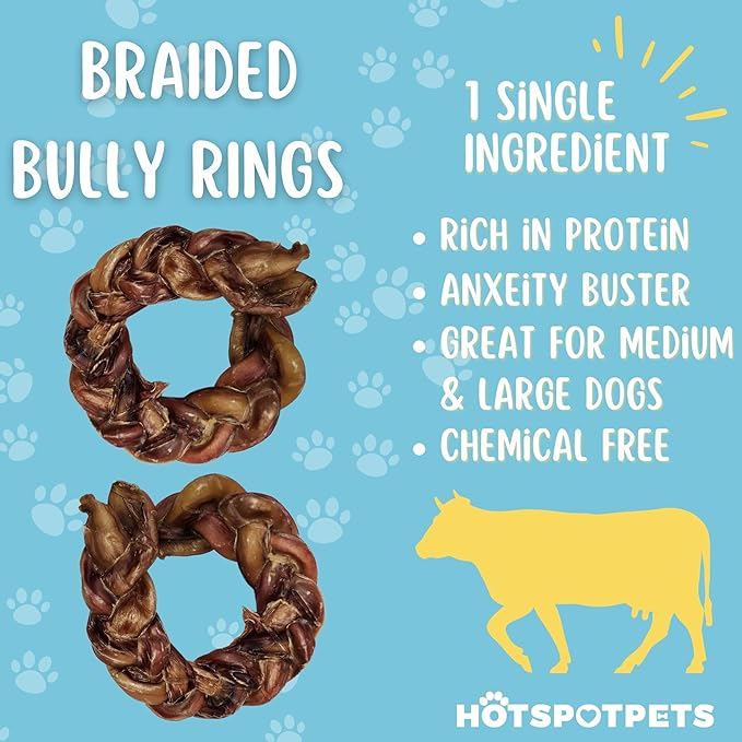 hotspot pets Braided Bully Stick Rings for Dogs - Premium All Natural Long Twisted Beef Pizzle Dog Chew Treats - Grain Free Fully Digestible Rawhide Alternative Bones