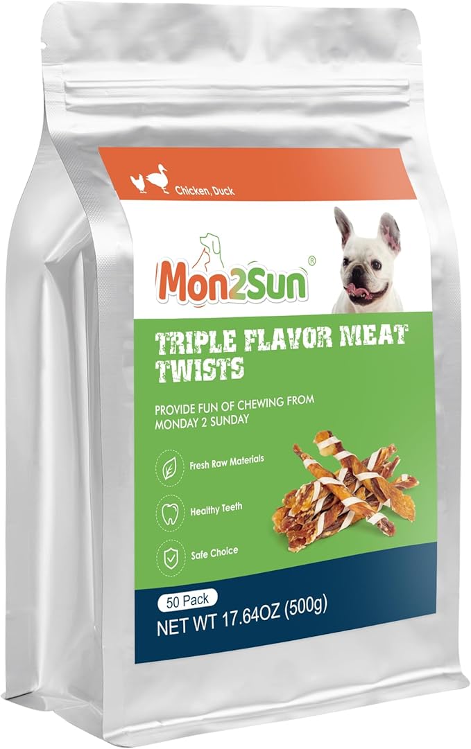 MON2SUN Dog Treats, Triple Flavor Jerky Twist Sticks, 4.5-5 Inch Chicken Duck and Codfish Sticks Dog Chews for Small Dogs, Healthy Dog Snacks, 17.64 oz (50 Count-Pack of 1)