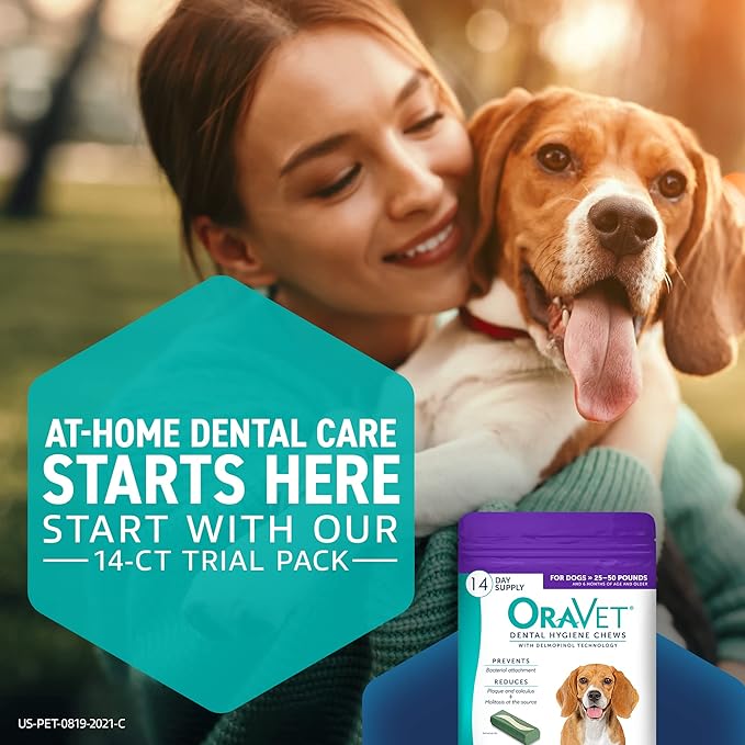 ORAVET Dental Chews for Dogs, Oral Care and Hygiene Chews (Medium Dogs, 25-50 lbs.) Purple Pouch, 14 Count