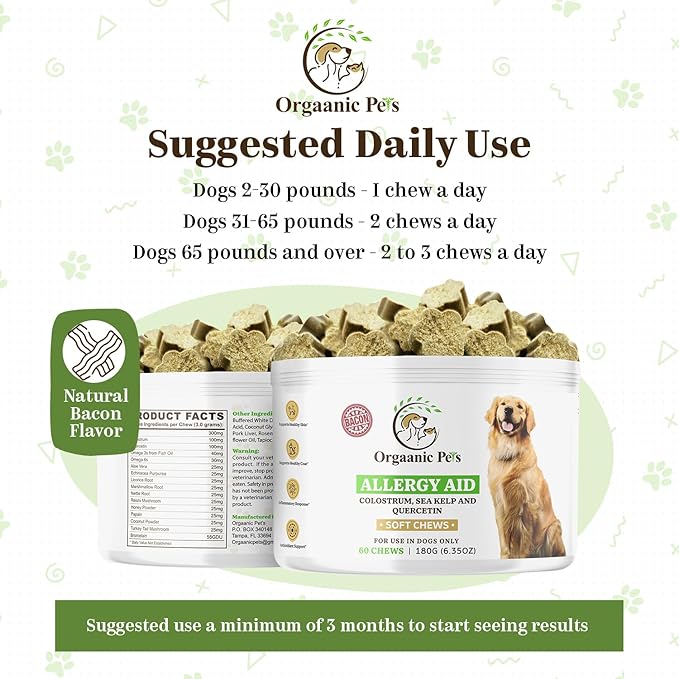 DOG ALLERGY RELIEF with SEA KELP - COLOSTRUM - QUERCETIN - MUSHROOMS - OMEGA + 11 NATURAL ALLERGY RELIEF HERBS - SOFT CHEWS for Skin & Seasonal Allergies