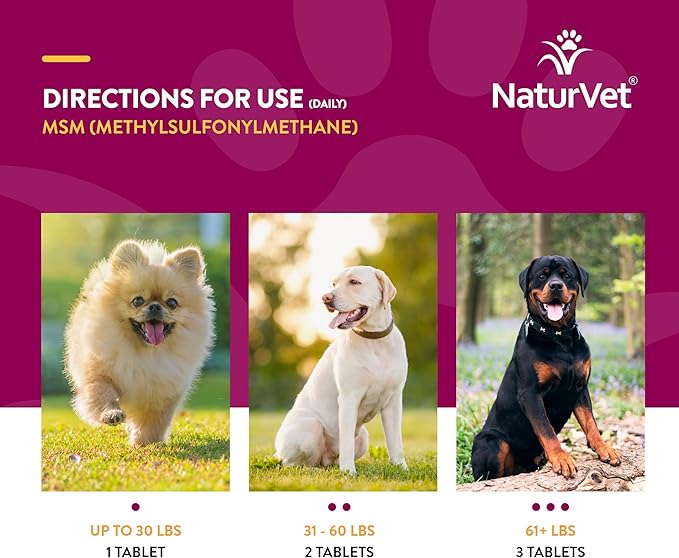 NaturVet Methylsulfonylmethane Joint Support Dog Supplement – Helps Support Healthy Cartilage, Tissue and Joints in Dogs – Includes MSM, Sulfur-Rich Compounds – 250 Ct.
