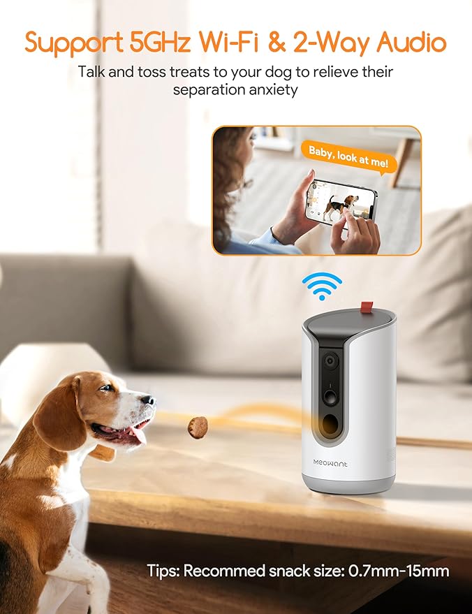 Meowant 2K Dog Camera with Treat Dispenser, Supports 5G & 2.4G WiFi, 360° View Pet Security Camera with Phone App, 2-Way Audio, with Motion Alert & AI Auto-Tracking Technology