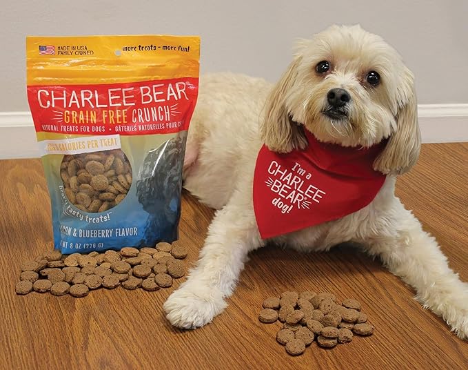 Charlee Bear Grain Free Bear Crunch Dog Treats 2 Flavor Variety Bundle: (2) Bacon & Blueberry Flavor and (2) Turkey, Sweet Potato & Cranberry Flavor, 8 Ounces Each (4 Pack)