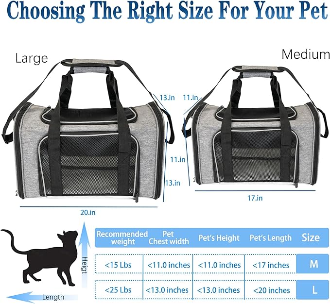 Dog Cat Carrier Pet Carriers for Small Medium Large Cats Dogs Carrier Soft Sided Small Puppy Dog Carrier Portable Foldable Airline Approved Dog Cat Travel Carrier Grey Black M