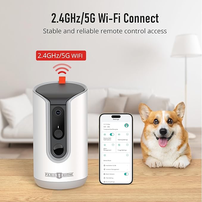 PARIS RHÔNE 2K Pet Camera, 360°View Dog Camera with Treat Dispensing, 5G WiFi Pets Monitoring with Smart Phone APP, Barking Detection and Motion Alerts, Two-Way Audio, Infrared Night Vision