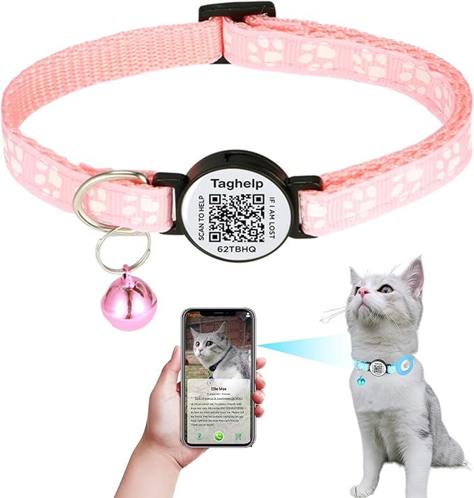 Personalized Cat Collar Breakaway with QR Code Name Smart ID tag,Adjustable Tough Nylon Cat ID Collars with Bell, Pet Name and Phone Number on line,NO app (Pink Cute paw Print)