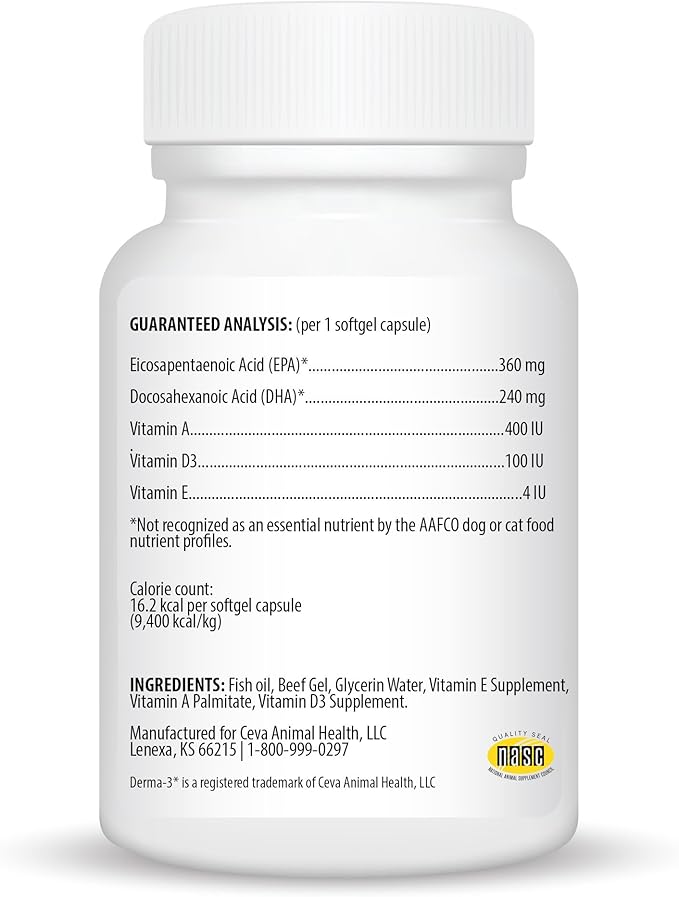 Ceva Derma-3 Softgels, Omega-3 Fatty Acid & Vitamin Supplement for Large Dogs (60 Count)