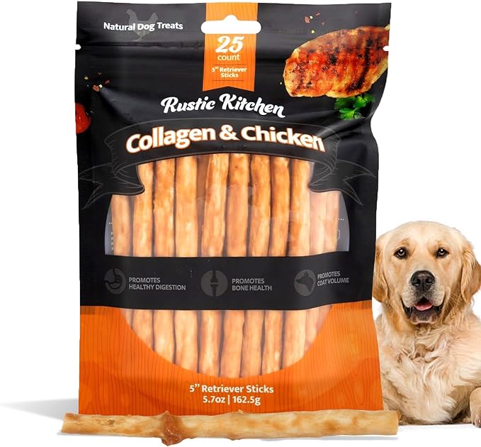 Chicken Collagen Sticks for Dogs, Dog Chews Long Lasting, Rawhide Free, 25 Count, Bully Sticks for Large, Medium, and Small Dogs