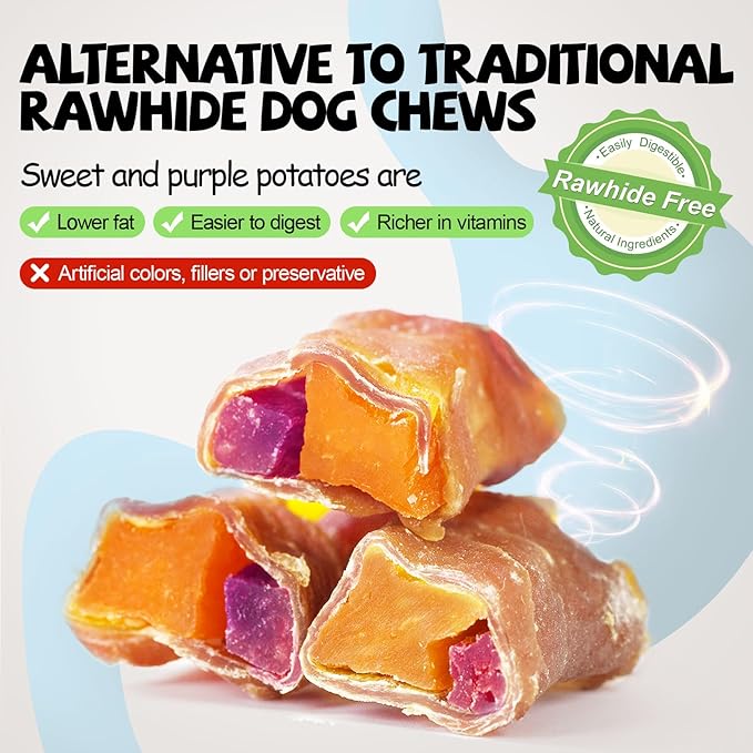 ASMPET Chicken and Double Sweet Potato Jerky Wraps Rawhide Free, Dog Treats Easily Digestible Long Lasting Orange & Purple Sweet Potato Dog Chew Snacks for Small Large Dogs, 10.6oz