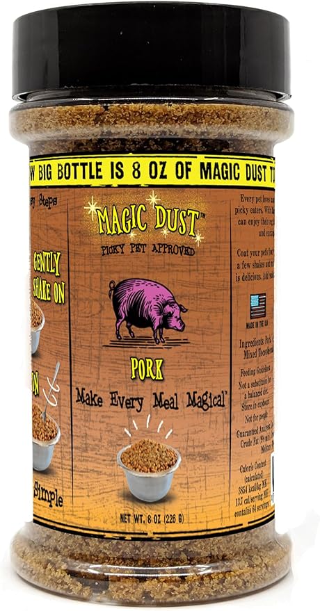 Wild Meadow Farms - Magic Dust Pork Jerky Topper, Single Protein Pet Food Topper for Dogs & Cats, Enhance Flavor & Elevate Mealtime Excitement for Picky Eaters - 8 Ounce Bottle in Pork Flavor