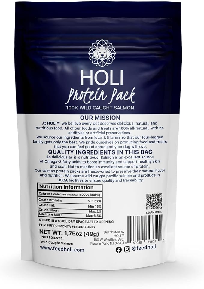 HOLI Freeze Dried Salmon Dog Food Topper - with Omega 3 & 6 - Single Ingredient, Human-Grade Wild Caught Salmon - Dog Food Flavor Enhancer for Picky Dogs – 100% All Natural - 1.5oz