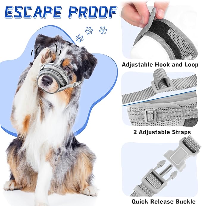 Dog Muzzle Soft Air Mesh Muzzle for Large Dogs, Adjustable Pet Muzzle for Small Medium Dogs to Drink Normally, Breathable Reflective Muzzle for Dogs to Prevent Biting Barking(Grey,L-14)