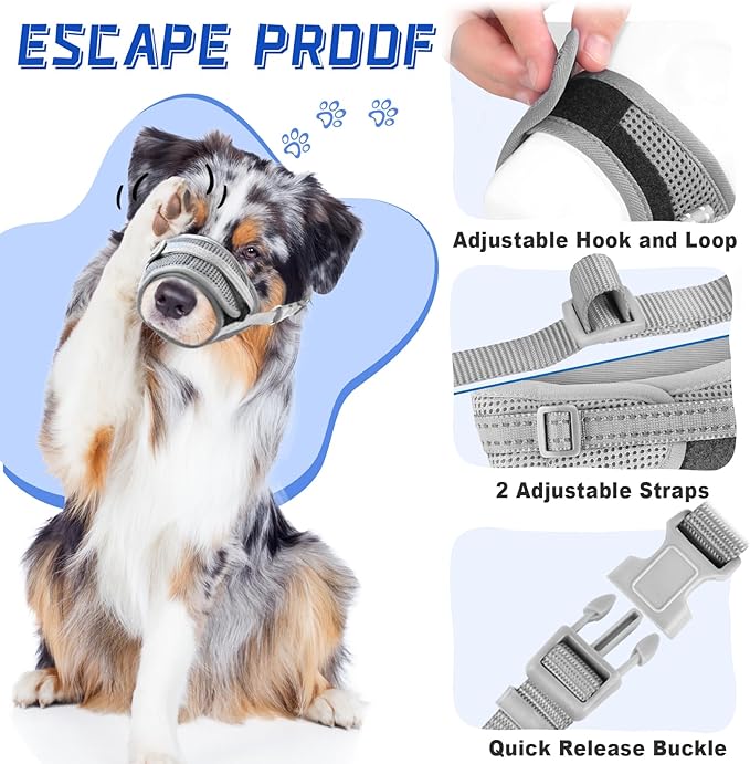 Dog Muzzle Soft Air Mesh Muzzle for Large Dogs, Adjustable Pet Muzzle for Small Medium Dogs to Drink Normally, Breathable Reflective Muzzle for Dogs to Prevent Biting Barking(Grey,L-10)