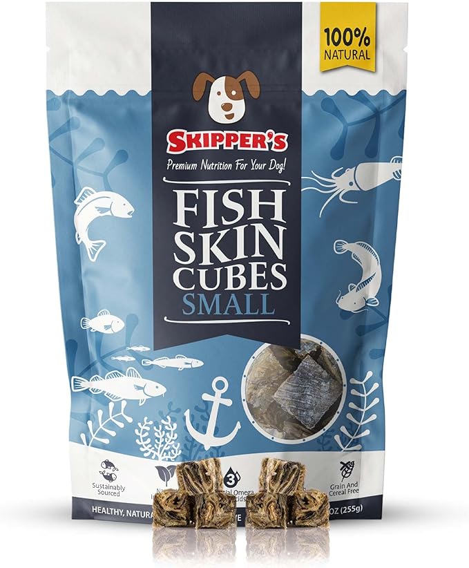 SKIPPER'S Cod Fish Skin Small Jerky Cubes - Gently Air Dried Single Ingredient Cod Skin Dog Treats, Rich in Omega 3 & Grain Free Crunchy Bites, Hypoallergenic & Gluten Free | Great for Teeth (9 Oz)