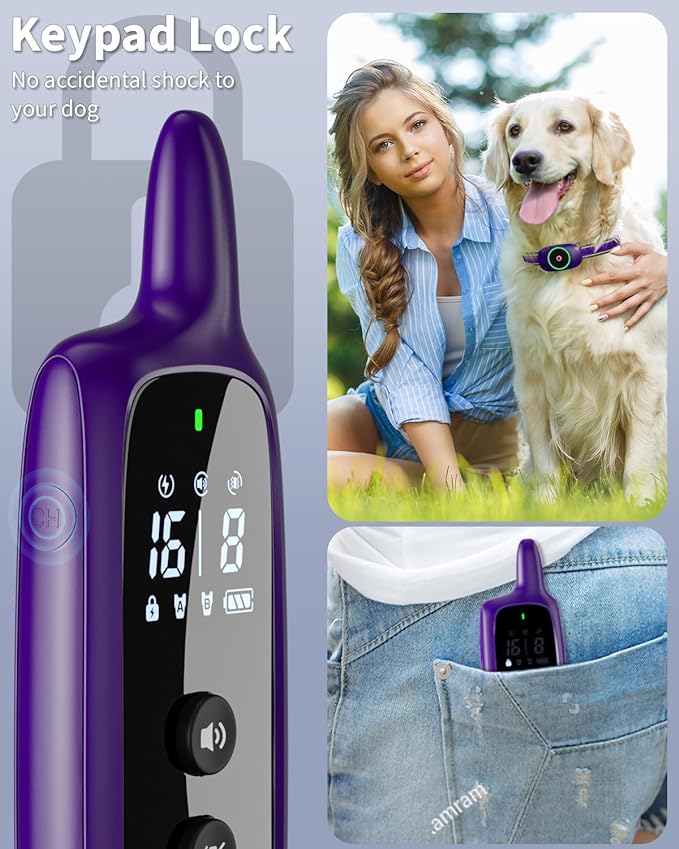 Dog Shock Collar for 2 Dogs, Dog Training Collar with Remote for Large Medium Small Dogs, Rechargeable E-Collar Waterproof Collars with 3 Training Modes, Range up to 3300Ft-Purple