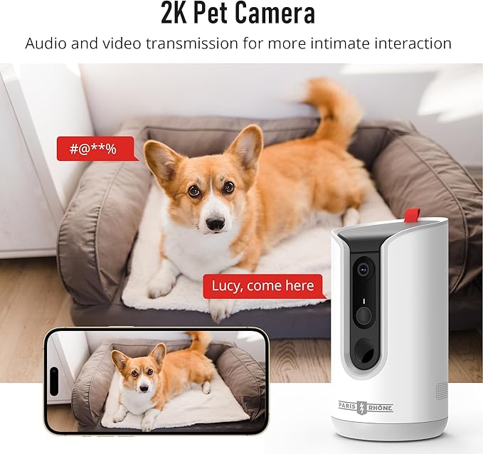 PARIS RHÔNE 2K Pet Camera, 360°View Dog Camera with Treat Dispensing, 5G WiFi Pets Monitoring with Smart Phone APP, Barking Detection and Motion Alerts, Two-Way Audio, Infrared Night Vision