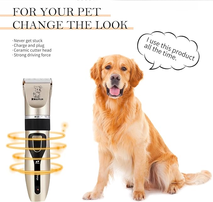 MAIRAN Dogs Pet Shaver Low Noise USB Charging Cordless Dog Grooming Kit Electric Pet Hair Trimmer Pet Hair Trimmer Large Medium and Small Dog and Cat Animal Shaver (Gold)